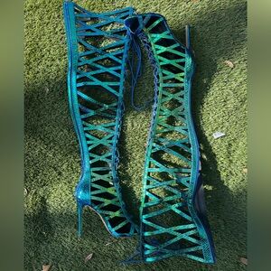 Holographic Mermaid Thigh High Gladiator Heels